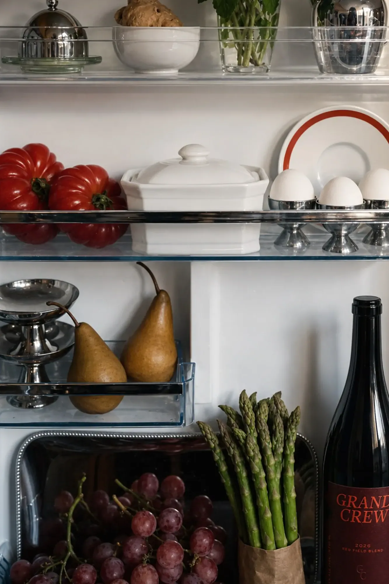 Grand Crew Red Field Blend placed with food inside a carefully styled refrigerator