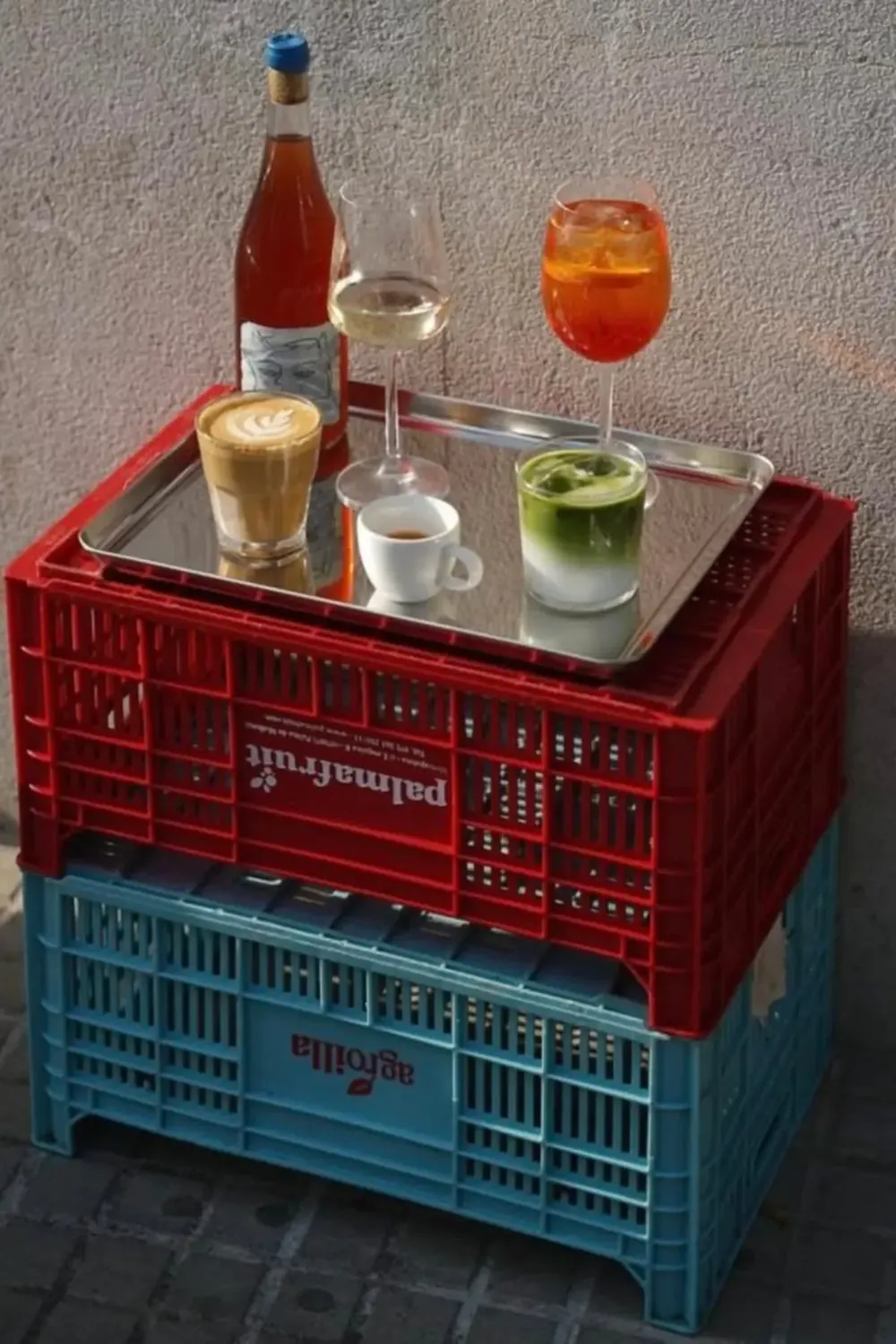 Wine, coffee, matcha and an aperitivo arranged on a casual outdoor table