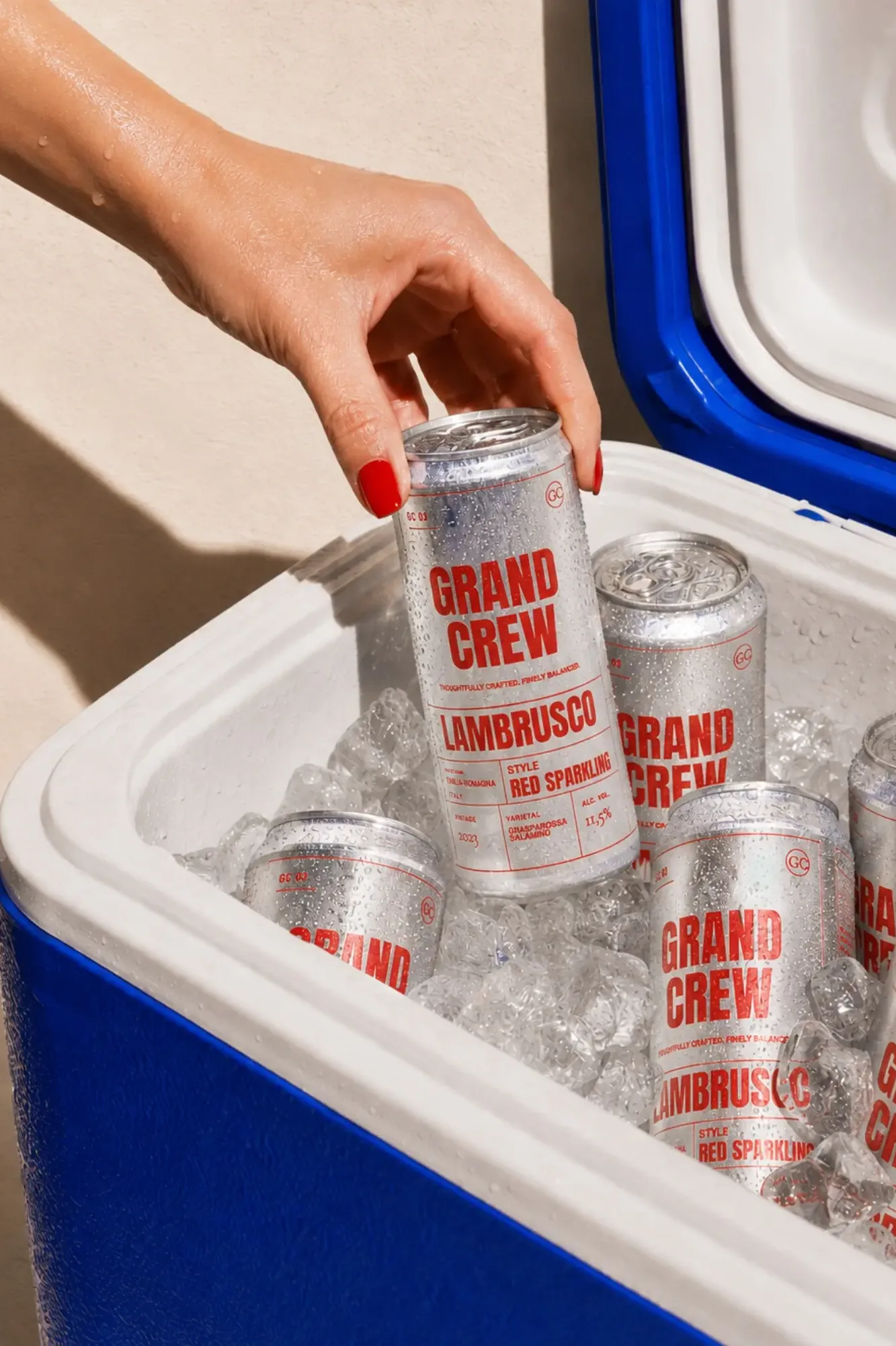 Grand Crew Lambrusco range seen together in a cooler